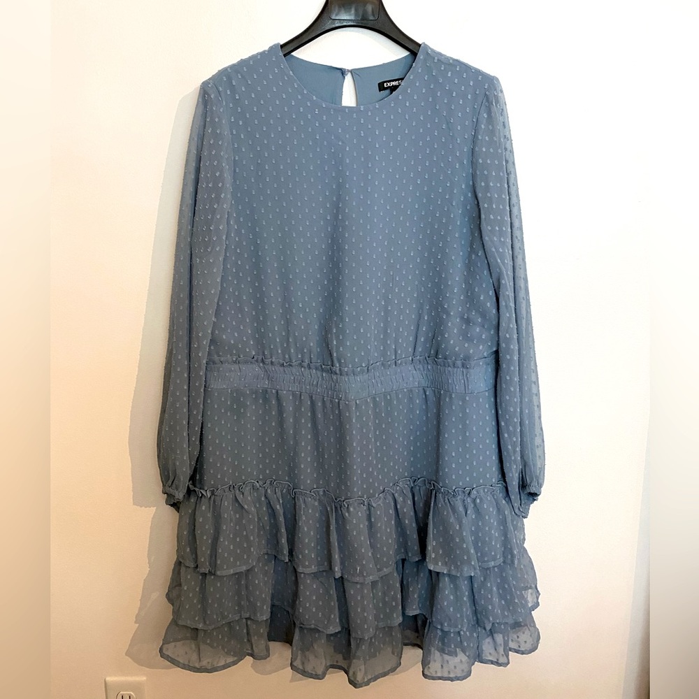 Express blue tiered clip-dot long sleeve dress. Size L.